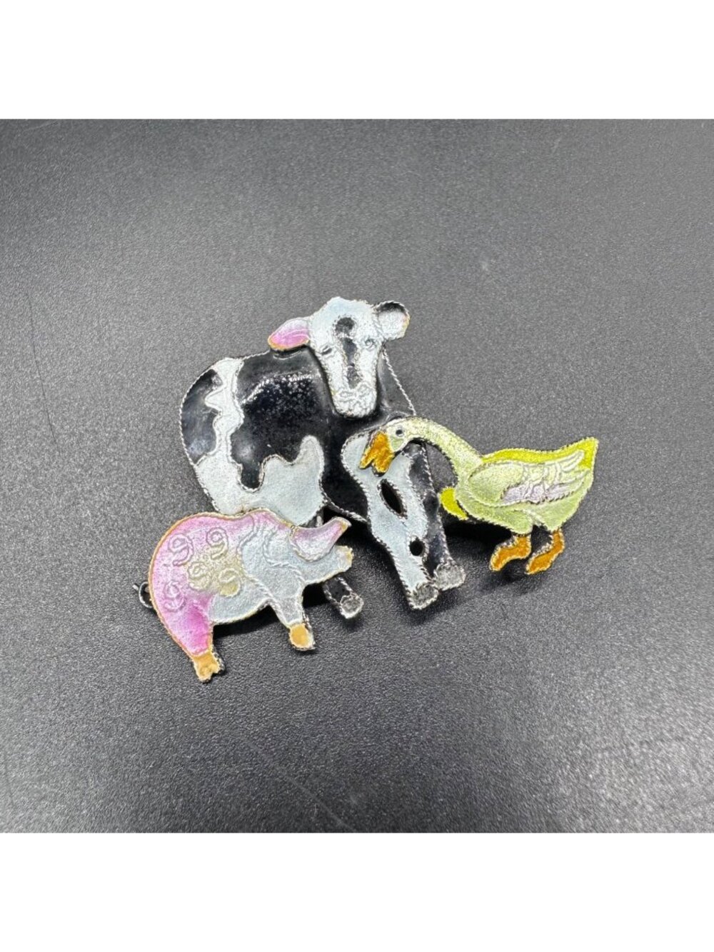 Vintage Enamel Brooch Pin Farm Animal Cow Pig Goose Pin Colorful Kitschy Retro